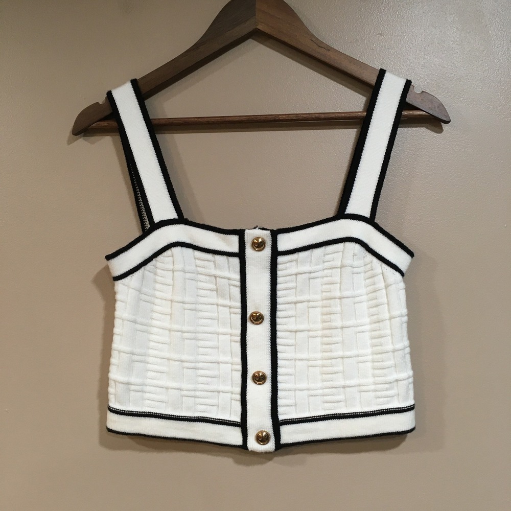 Shein Retro Mod Crop Top Womens L White Black Twee Classic Old Money Preppy Tank